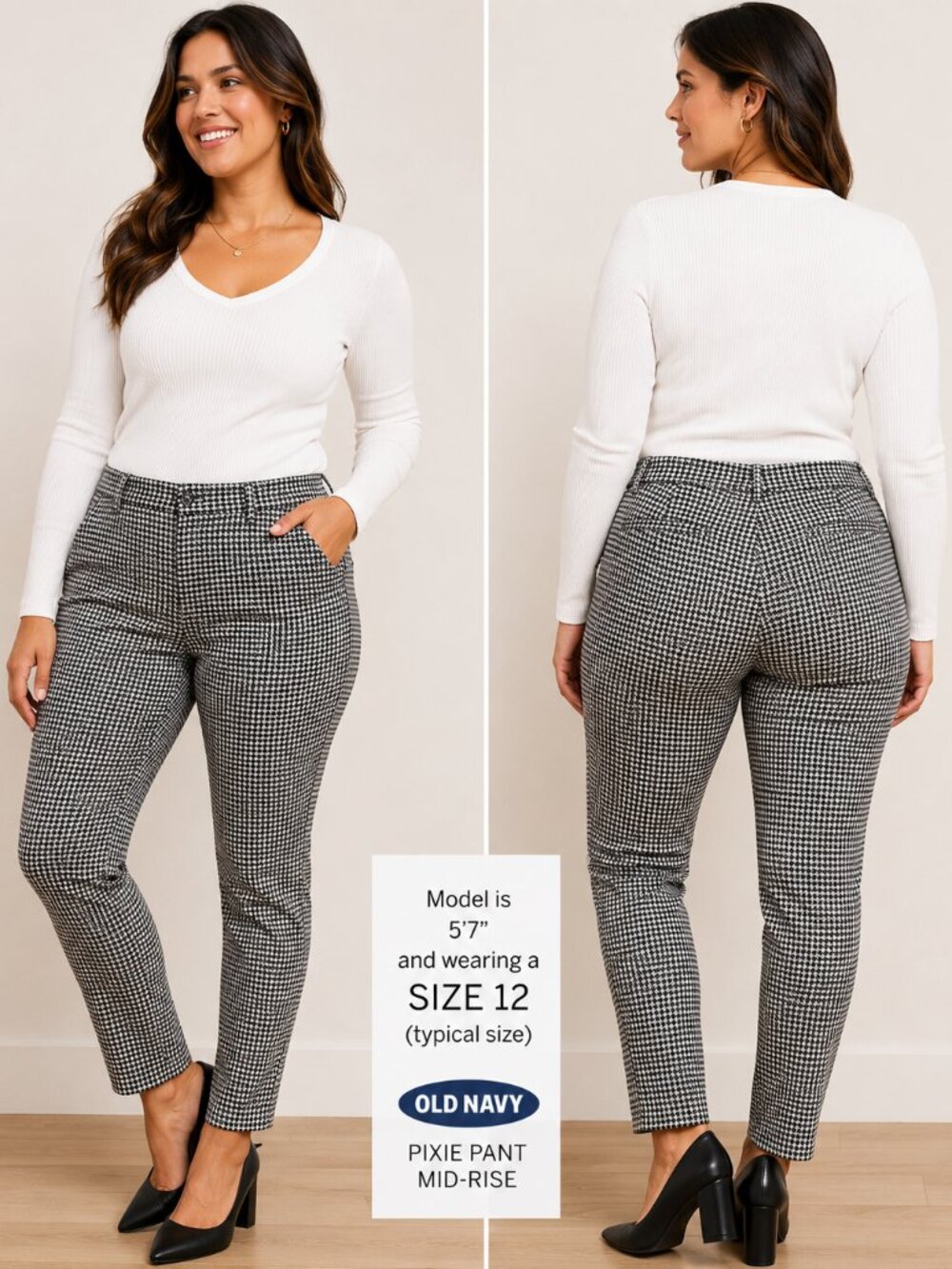 Old Navy Pixie Pants Black & White Houndstooth Mid-Rise Straight Leg